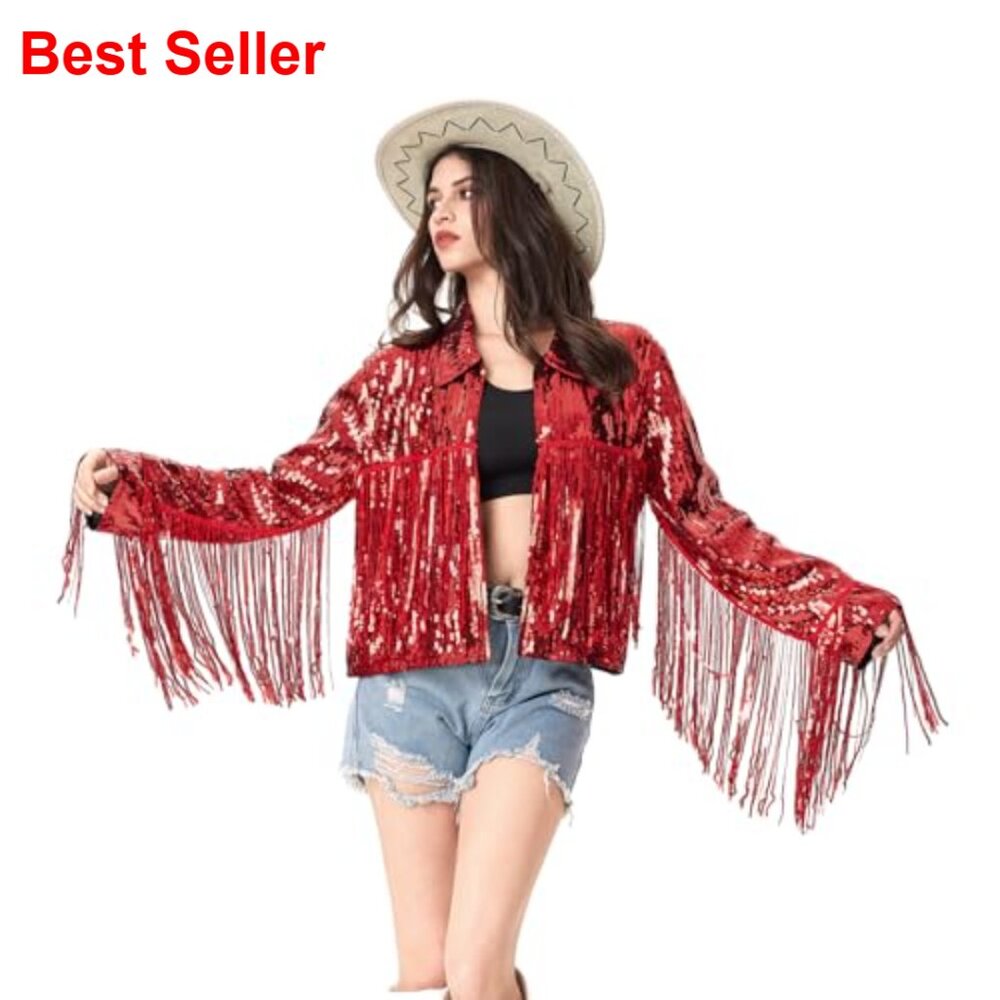 Sequin Tassel Fringe Jacket, Polyester Casual Open Front Coat - Picture 4 of 5